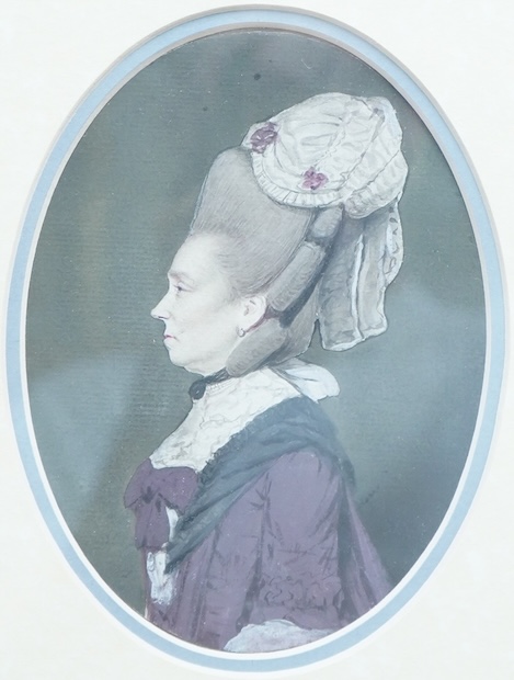 Late Georgian School, Oval portrait miniature of a lady in profile wearing an ornate wig, watercolour on card, 16 x 11.5cm